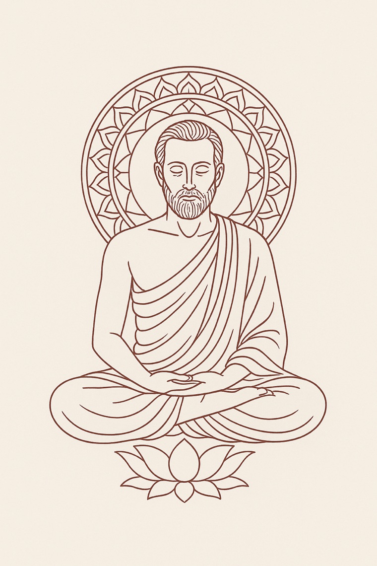 A serene stoic philosopher seated in lotus meditation within an Indian mandala halo, a lotus below, in fine oxblood line art
